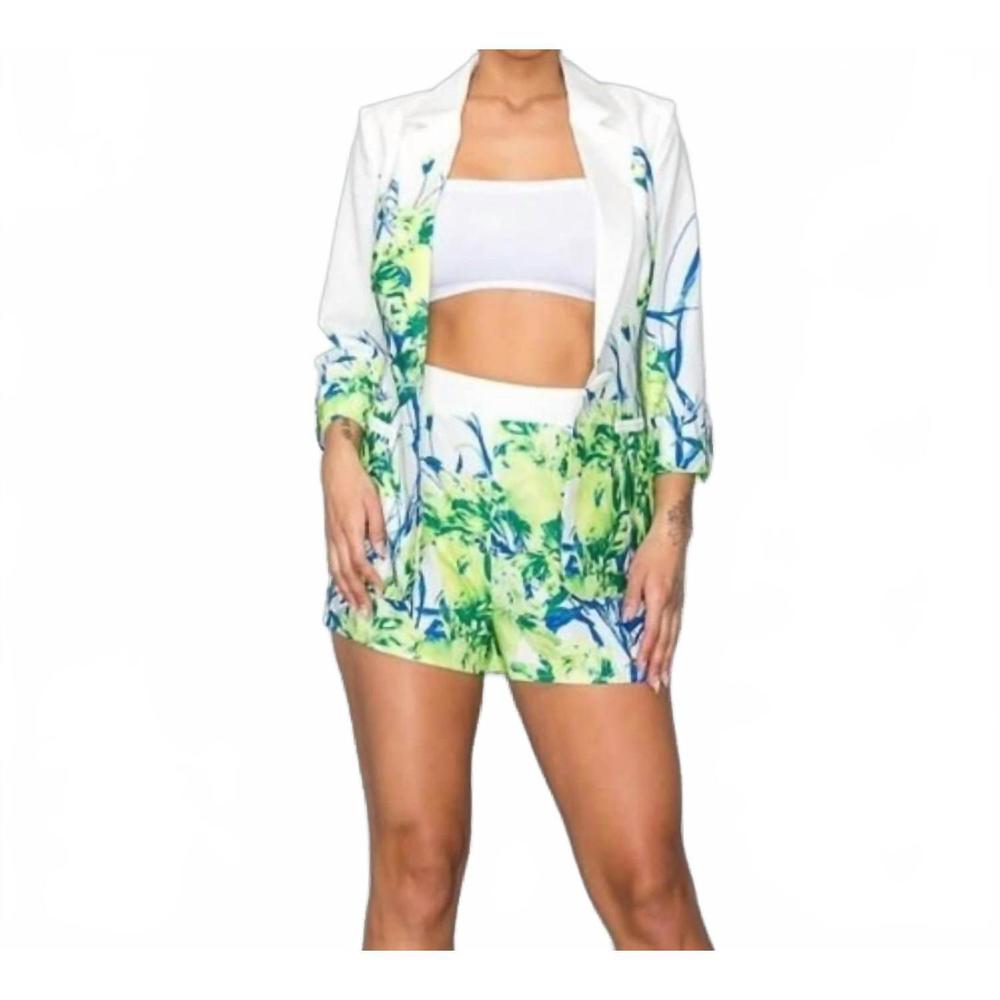 NEW MISS AVENUE vanya floral blazer short set in ivory/green